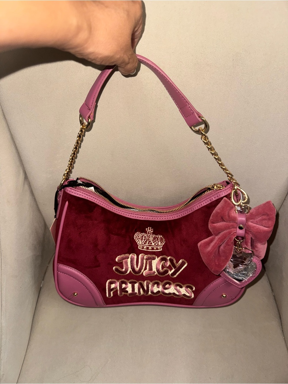 Juicy Couture Pink and Burgundy Velvet 'Juicy Princess' Shoulder Bag